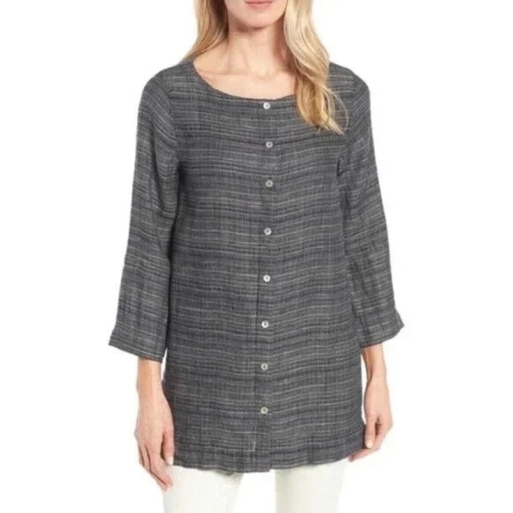 Eileen Fisher Coastline Button Down Tunic Top Sz M 3/4 Sleeve Organic Linen Gray